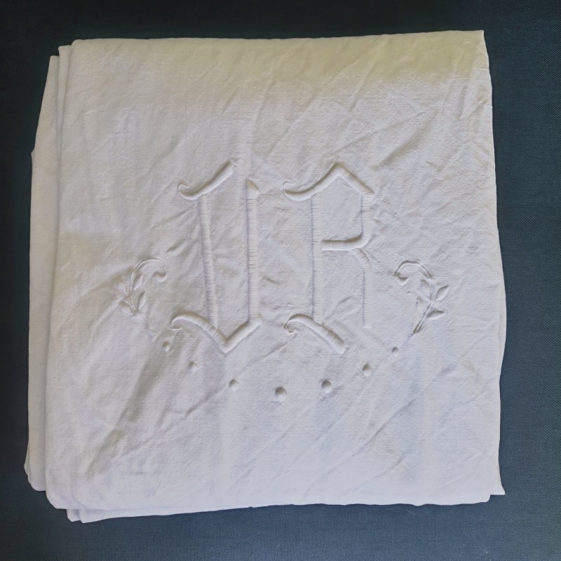 Drap blanc ancien en métis de lin broderie DR