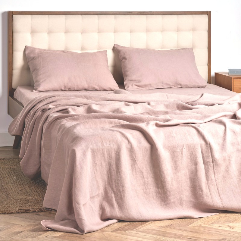 Drap plat pur lin lavé rose douceur